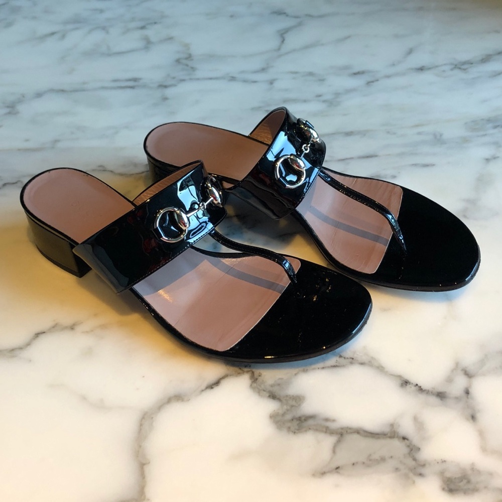Gucci Black Patent Horse Bit Sandals